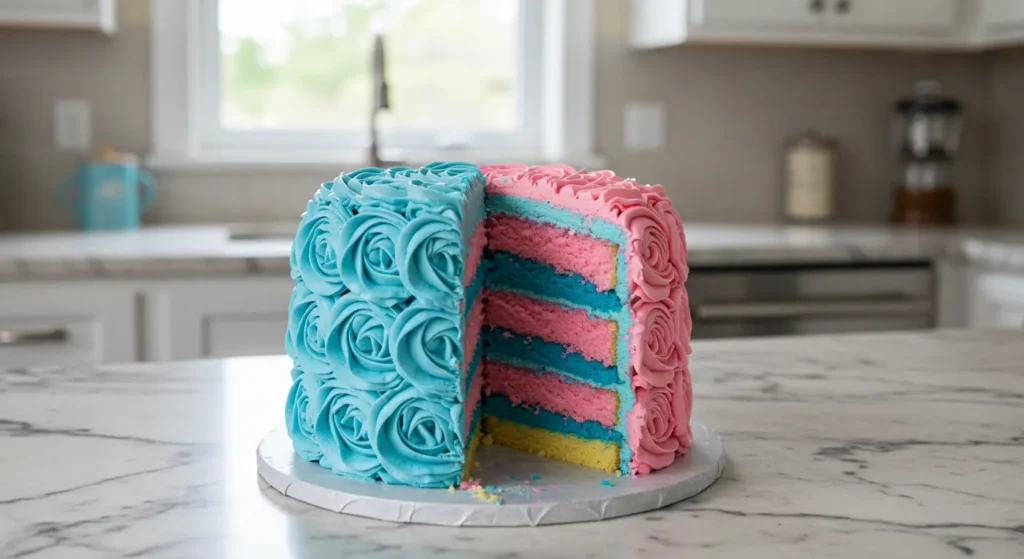 A pastel-colored gender reveal cake with pink and blue decorations, featuring a hidden filling inside, ready to reveal the baby’s gender when sliced.







