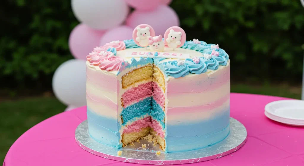 A beautifully decorated gender reveal cake with intricate frosting details, about to be sliced open, revealing a hidden pink or blue surprise inside.







