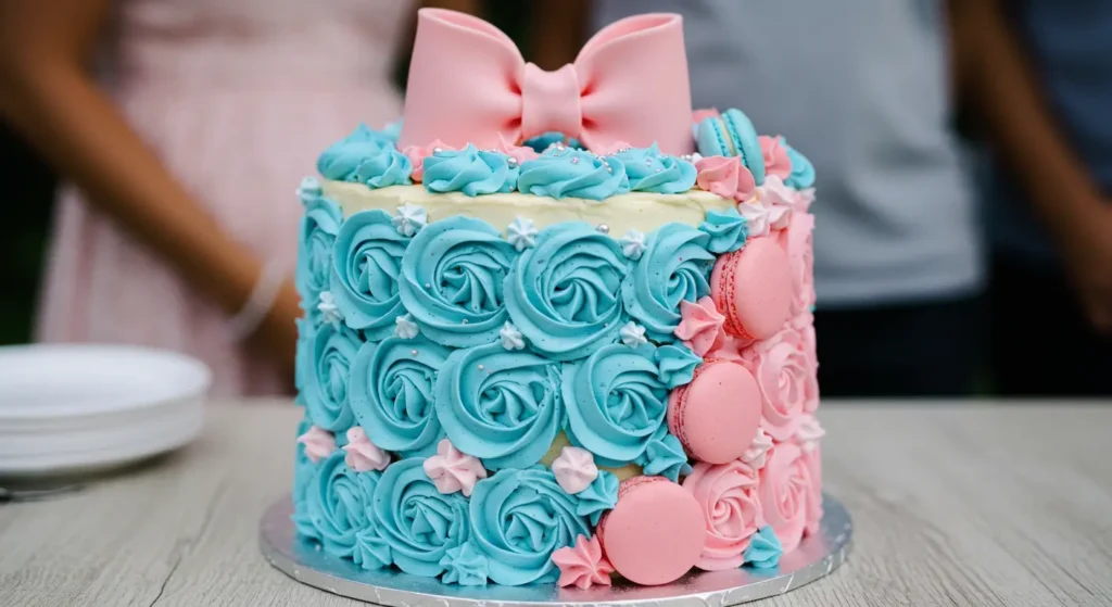 A gender reveal cake with white frosting, decorated with pink and blue sprinkles, featuring a surprise pink or blue filling inside, ready to be sliced for the big reveal.