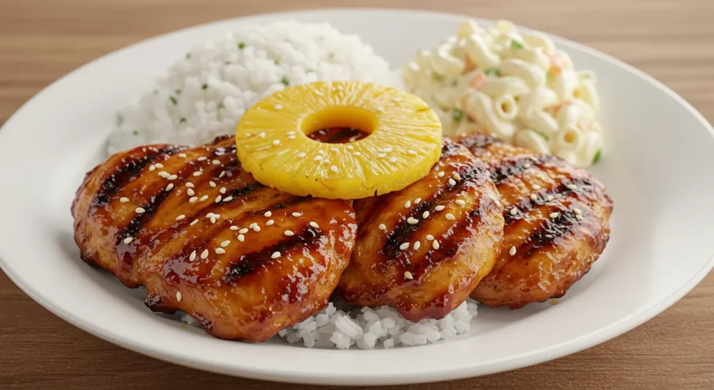 Hawaiian BBQ chicken with a sticky glaze, served with grilled pineapple and rice.