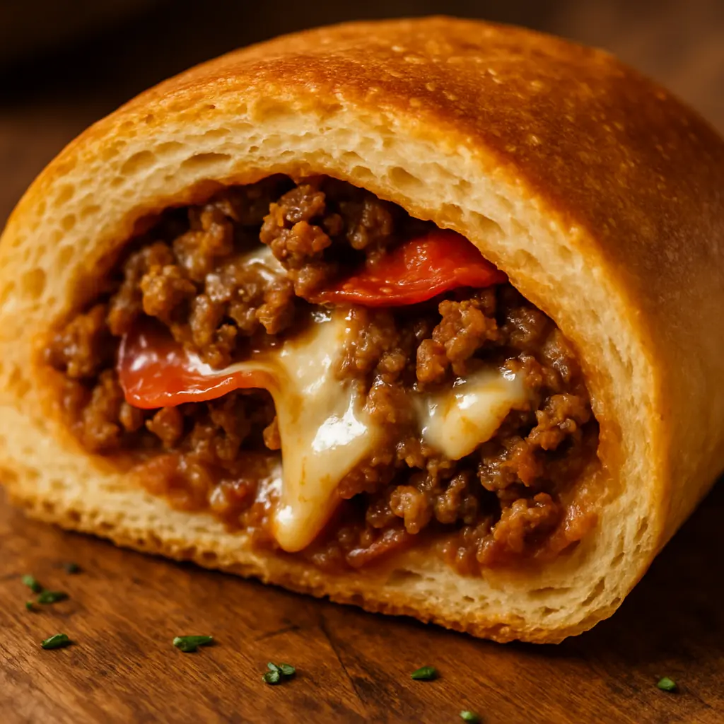 Close-up of a slice of garbage bread stuffed with melted cheese, ground beef, and pepperoni.