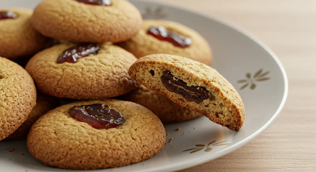 Close-up of a stack of date cookies on a rustic plate, showing their soft, crumbly texture and rich golden color.