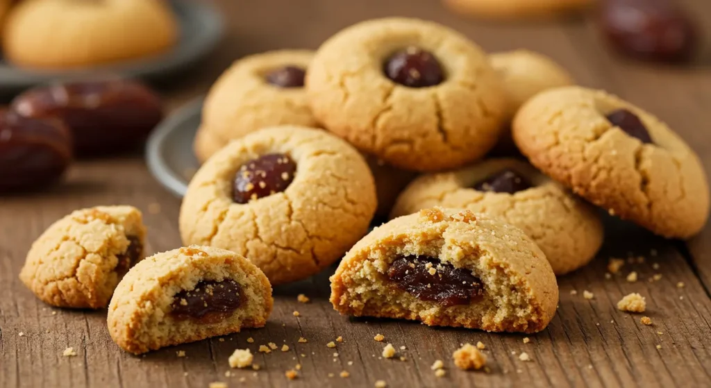 Freshly baked date cookies on a cooling rack, golden brown and studded with chopped nuts, next to a cup of tea.