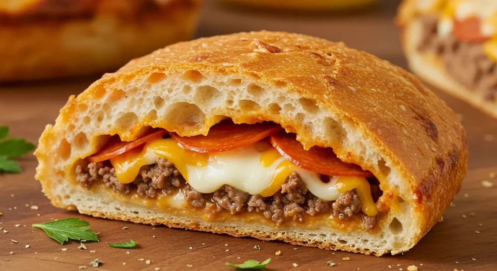 Zoomed-in slice of cheesy garbage bread overflowing with meat and melted cheese.