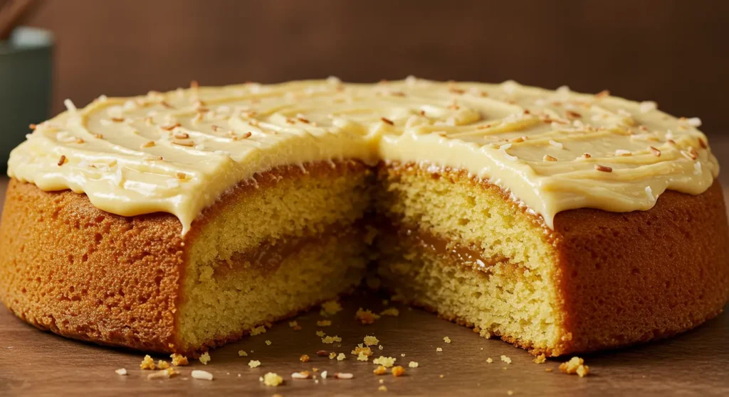 Whole Dominican cake with fluffy white meringue frosting on a stand.