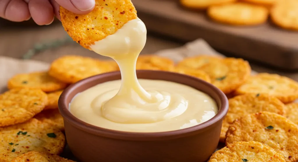 Low-carb cottage cheese chip being dipped into hot cheese sauce