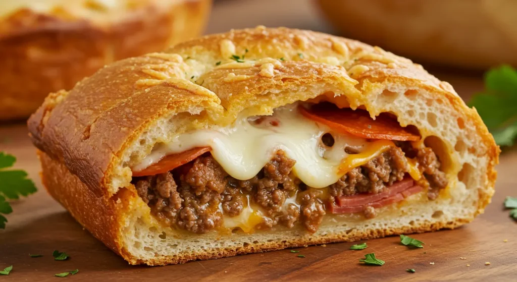 Single slice of garbage bread with crispy crust and savory meat and cheese filling.