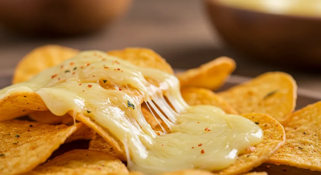 A close-up of crispy, golden-brown cottage cheese chips being dipped into a creamy cheese dip. The background is softly blurred with a rustic kitchen setting. The chips are thin, slightly bubbled, and speckled with seasoning like paprika and herbs. The cheese dip is thick, velvety, and slightly stretchy, served in a small ceramic bowl. Natural lighting highlights the texture of the chips and the richness of the melted cheese.