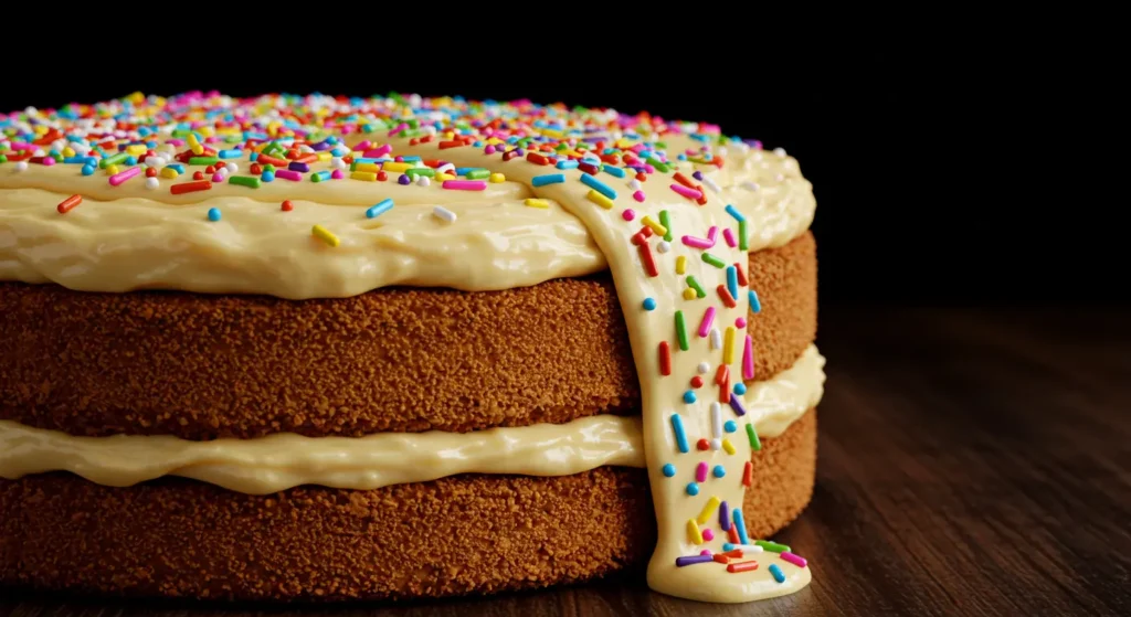 Whole Bizcocho Dominicano topped with glossy meringue frosting on a decorative cake plate.