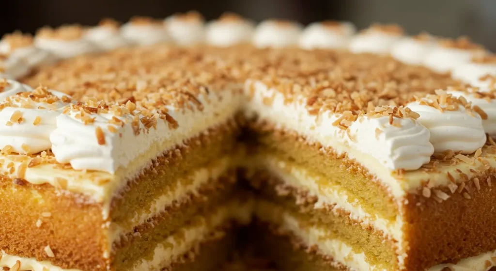Full Dominican cake topped with swirled Italian meringue frosting on a cake stand.