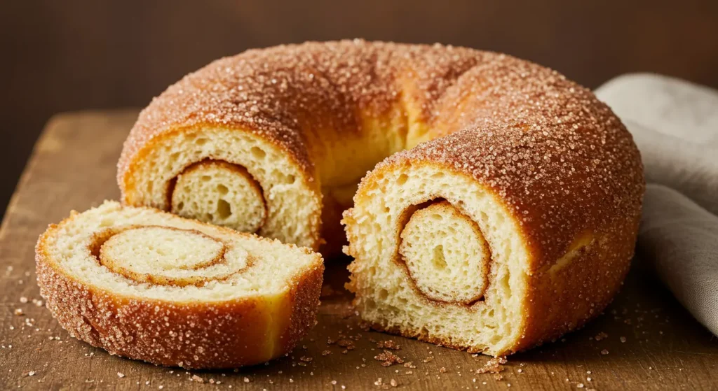 "Freshly baked cinnamon donut bread, golden brown with a cinnamon sugar coating."