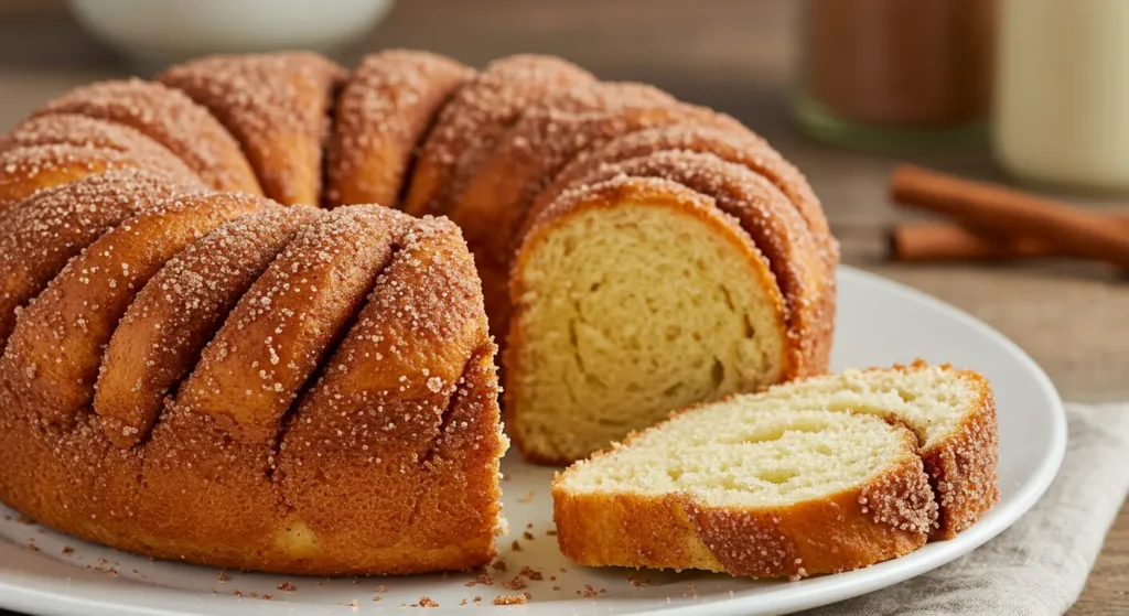 "Golden-brown cinnamon donut bread with a generous dusting of cinnamon sugar on top."