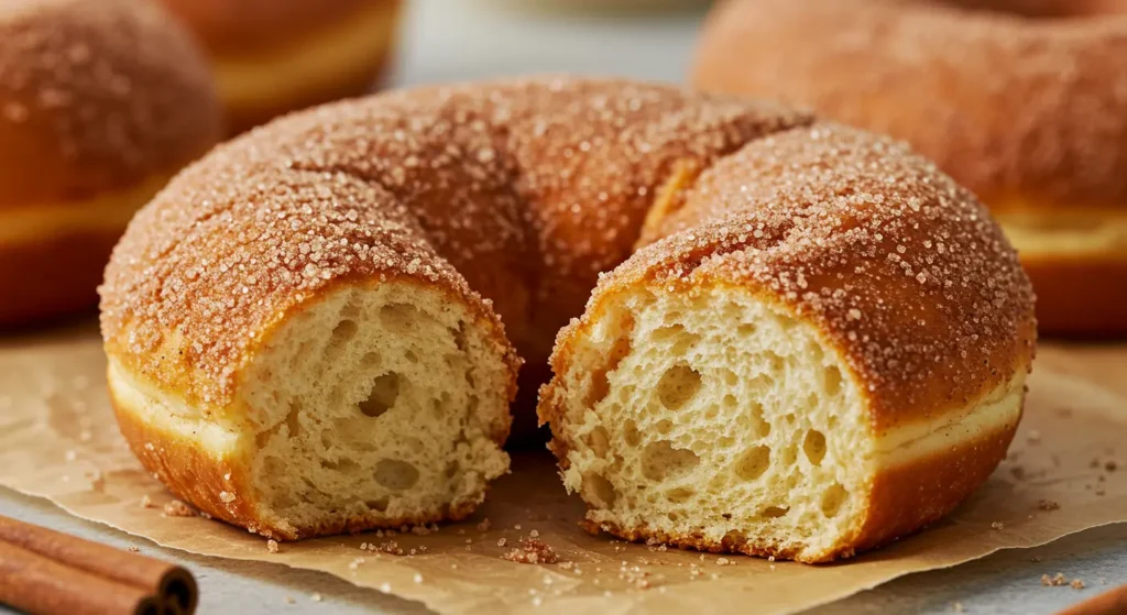 "Fluffy cinnamon donut bread fresh from the oven, sprinkled with cinnamon sugar."
